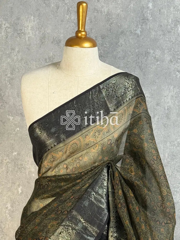 AJRAKH PRINTED SILK ORGANZA SAREE