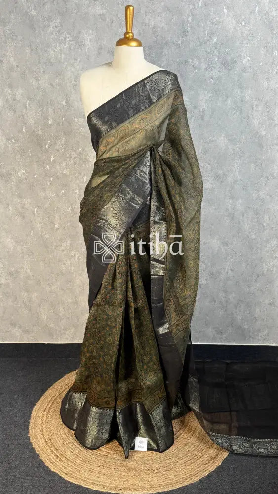 AJRAKH PRINTED SILK ORGANZA SAREE