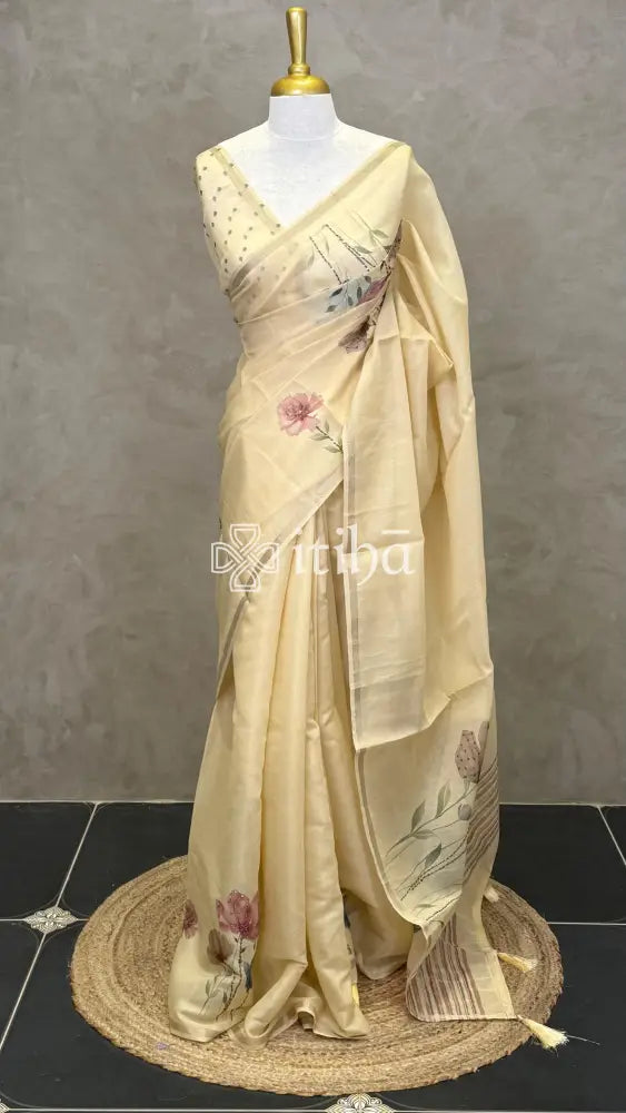 CHANDERI FLORAL PRINTED EMBROIDERY SAREE