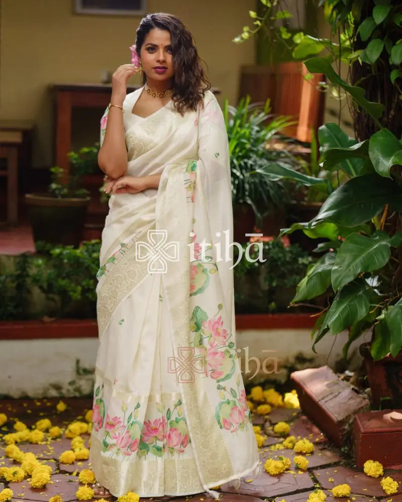 CHANDERI LOTUS PRINT SAREE