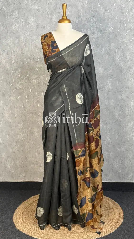 COTTON LINEN SAREE - Black
