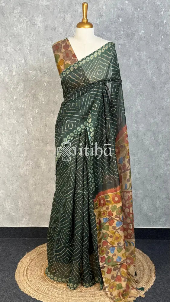 COTTON LINEN SAREE - Deep forest green