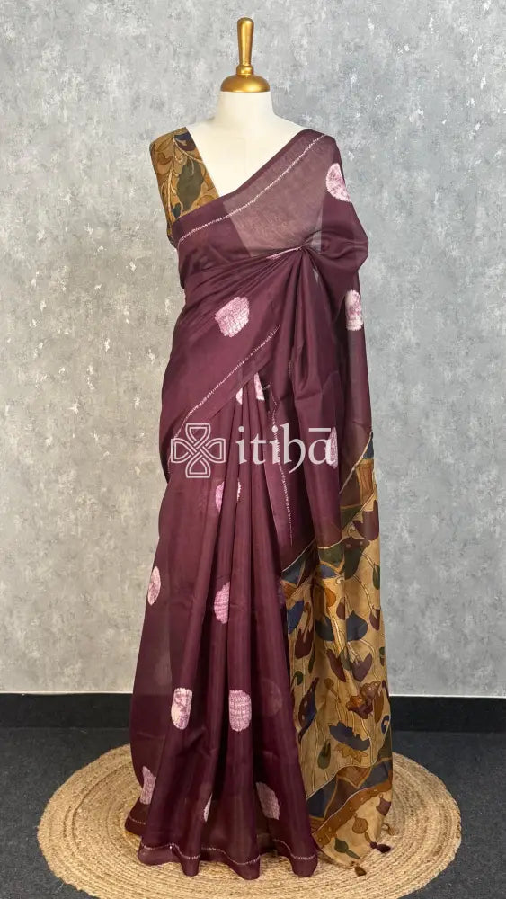 COTTON LINEN SAREE - PLUM WINE
