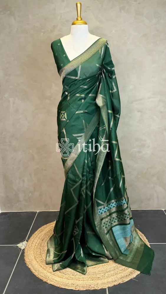 KOSA SILK BANARASI SAREE - DEEP GREEN
