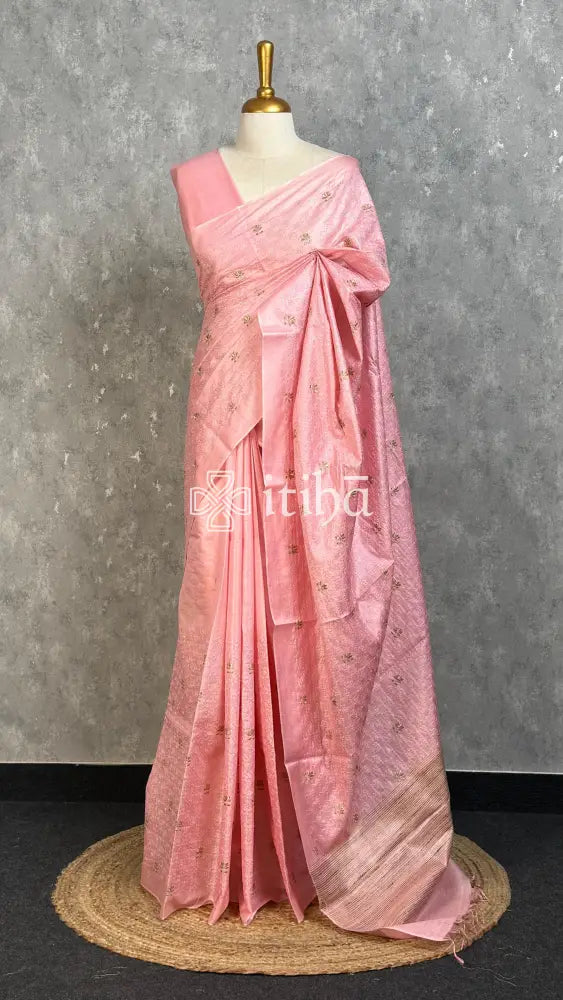 LINED TUSSAR SILK EMBROIDERYSAREE - BLUSH PINK