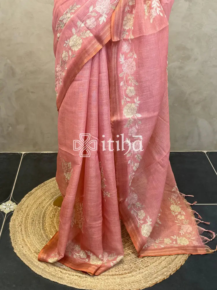LINEN APPLIQUE EMBROIDERY SAREE