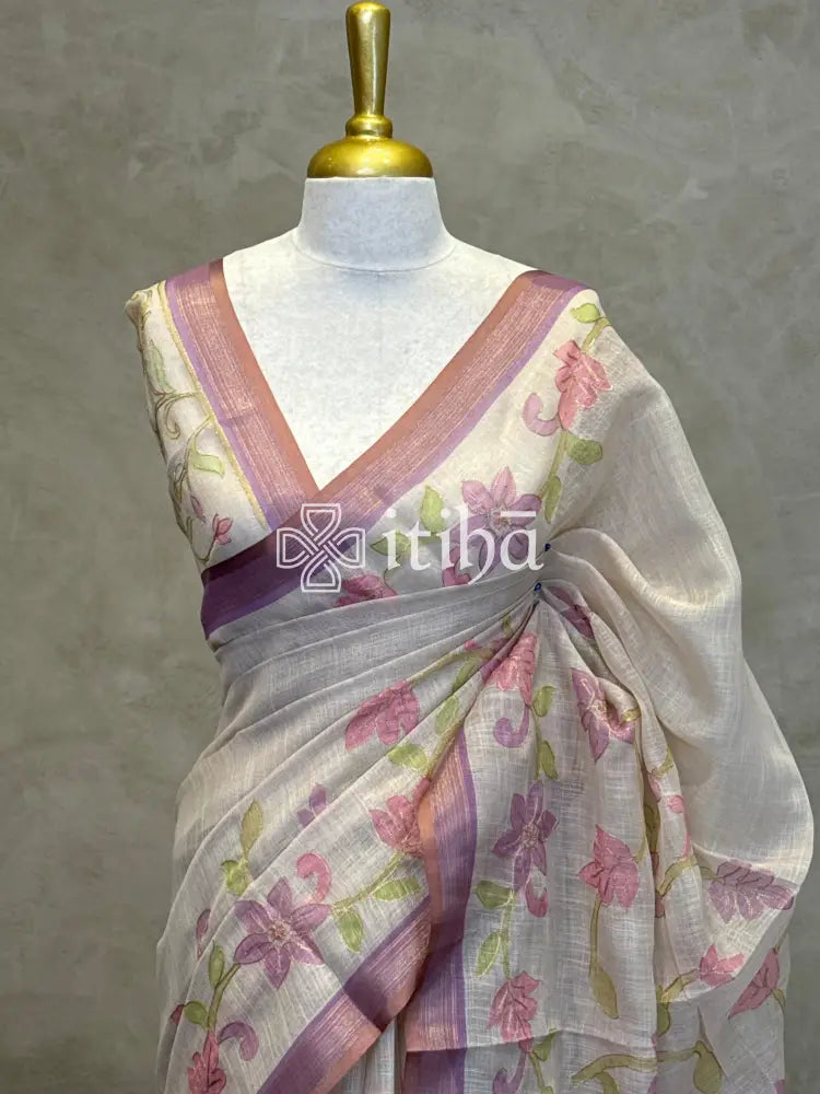 LINEN APPLIQUE EMBROIDERY SAREE
