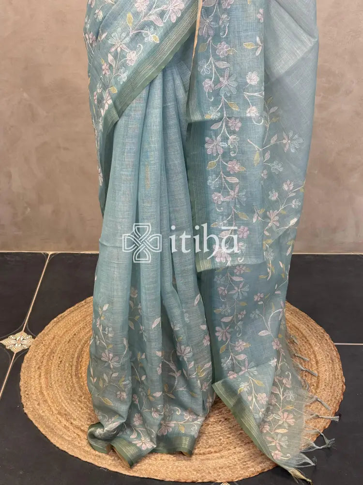LINEN APPLIQUE EMBROIDERY SAREE