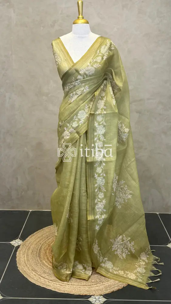 LINEN APPLIQUE EMBROIDERY SAREE - olive green