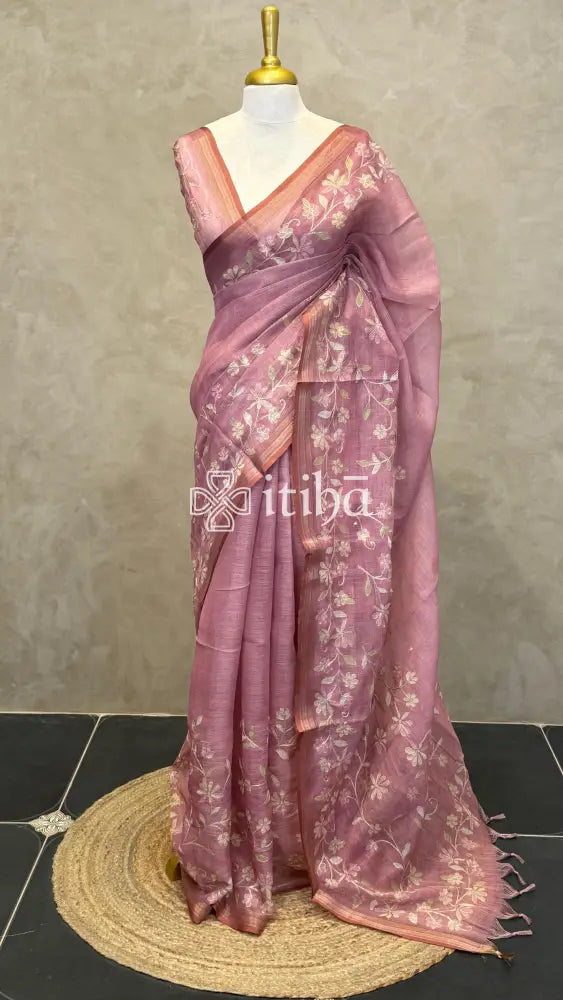 LINEN APPLIQUE EMBROIDERY SAREE - ONION PINK