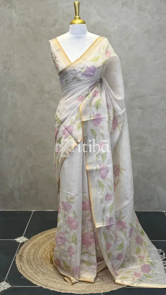 LINEN APPLIQUE EMBROIDERY SAREE - Pink