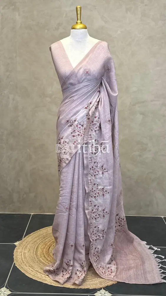 LINEN EMBROIDERY SAREE - dusty mauve