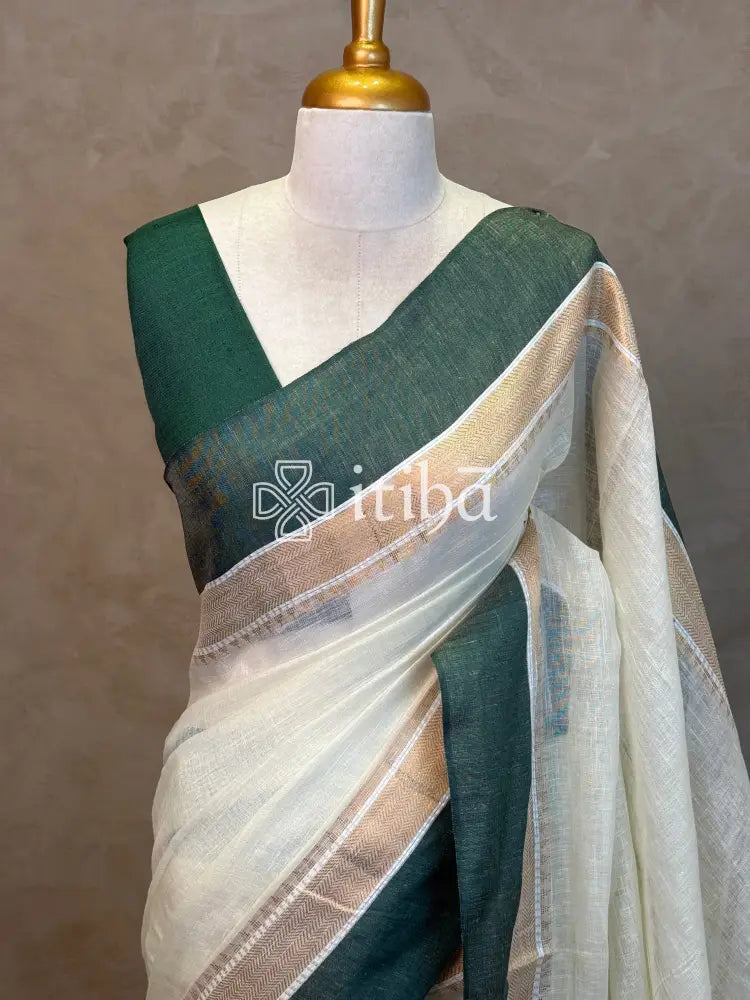 LINEN GREEN BORDER SAREE