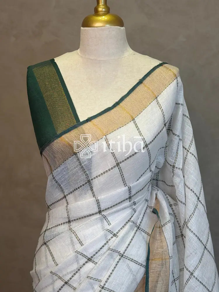 LINEN GREEN CHECK SAREE