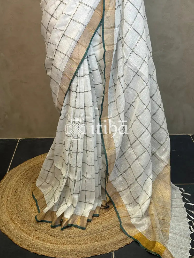 LINEN GREEN CHECK SAREE