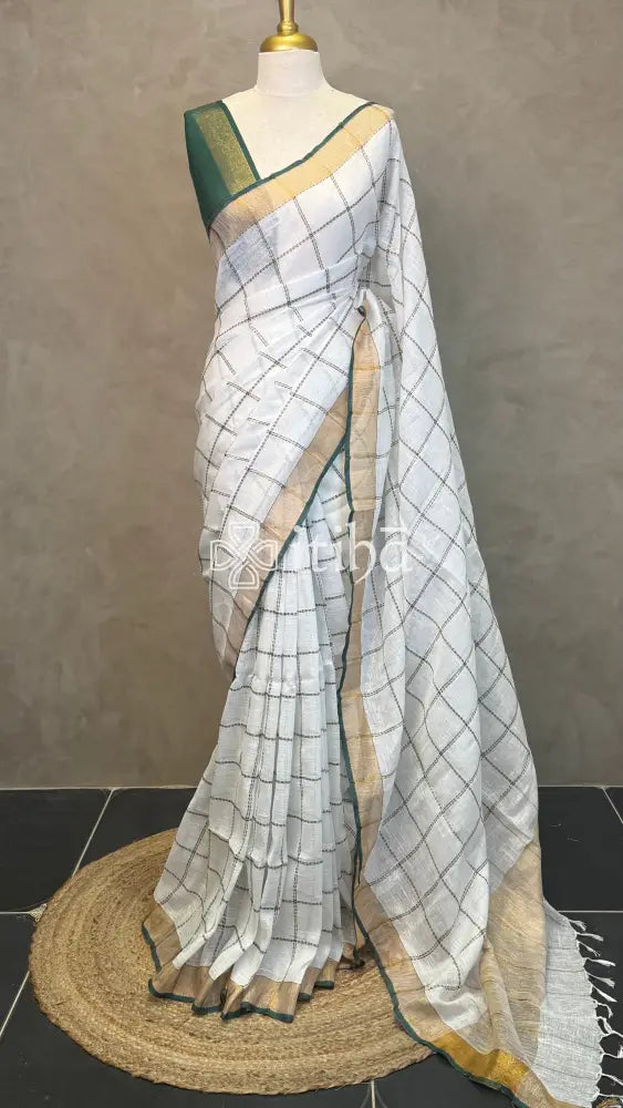 LINEN GREEN CHECK SAREE