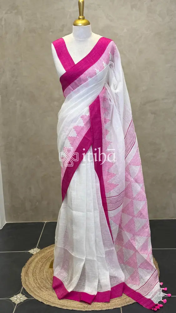 LINEN HANDLOOM SAREE - PALE WHITE