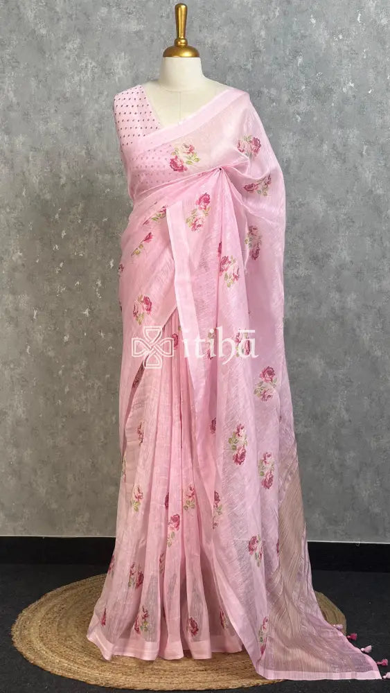 LINEN PRINTED SAREE - LIGHT PINK