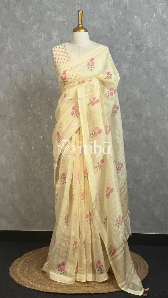 LINEN PRINTED SAREE - LIGHT YELLOW
