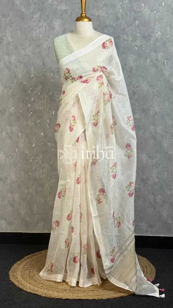 LINEN PRINTED SAREE - White