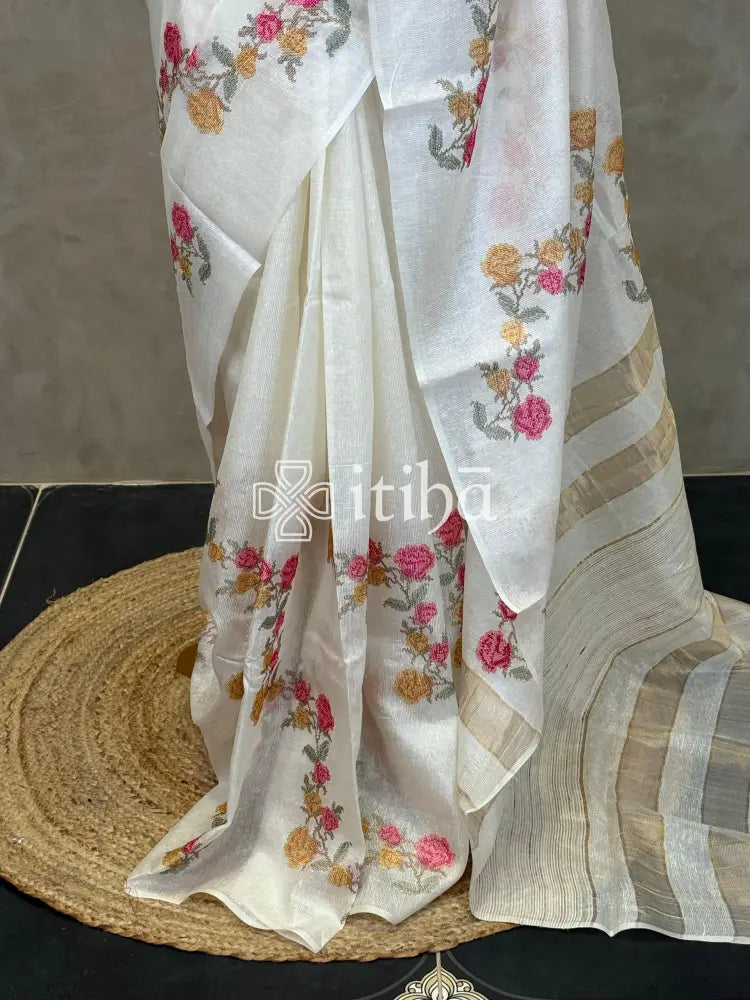 LINEN TUSSAR SILK EMBROIDERY SAREE