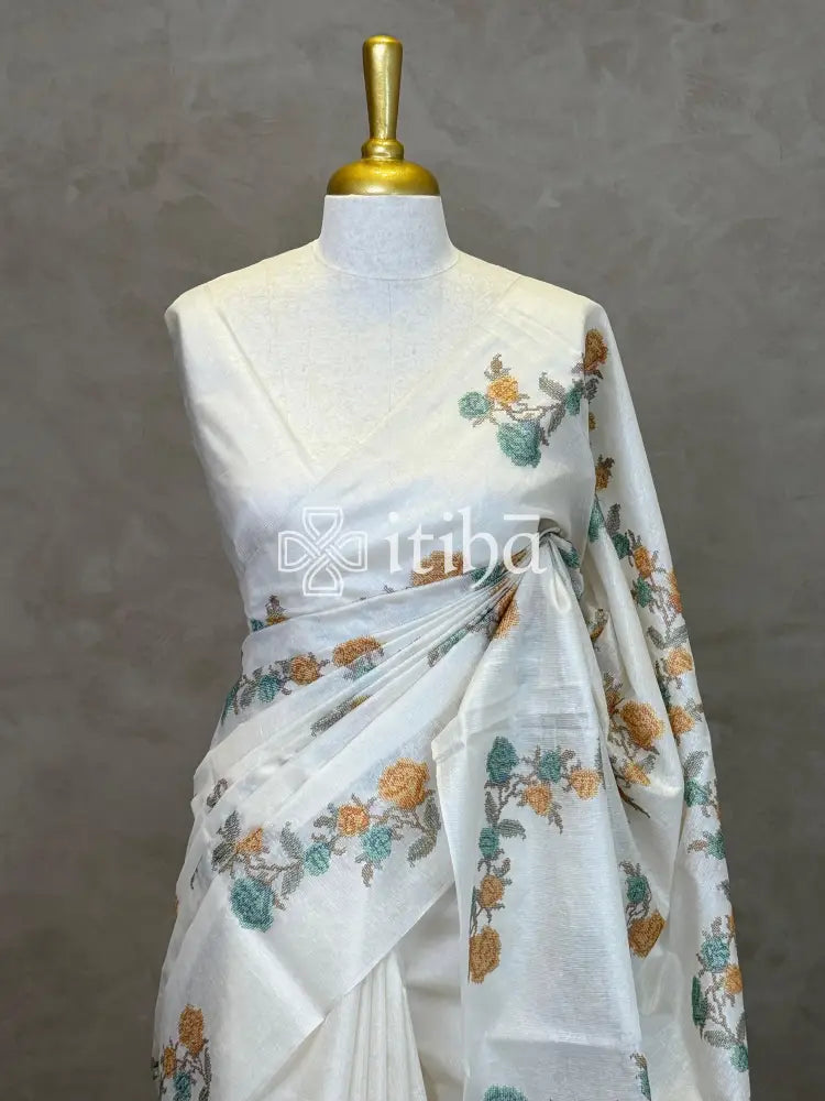 LINEN TUSSAR SILK EMBROIDERY SAREE
