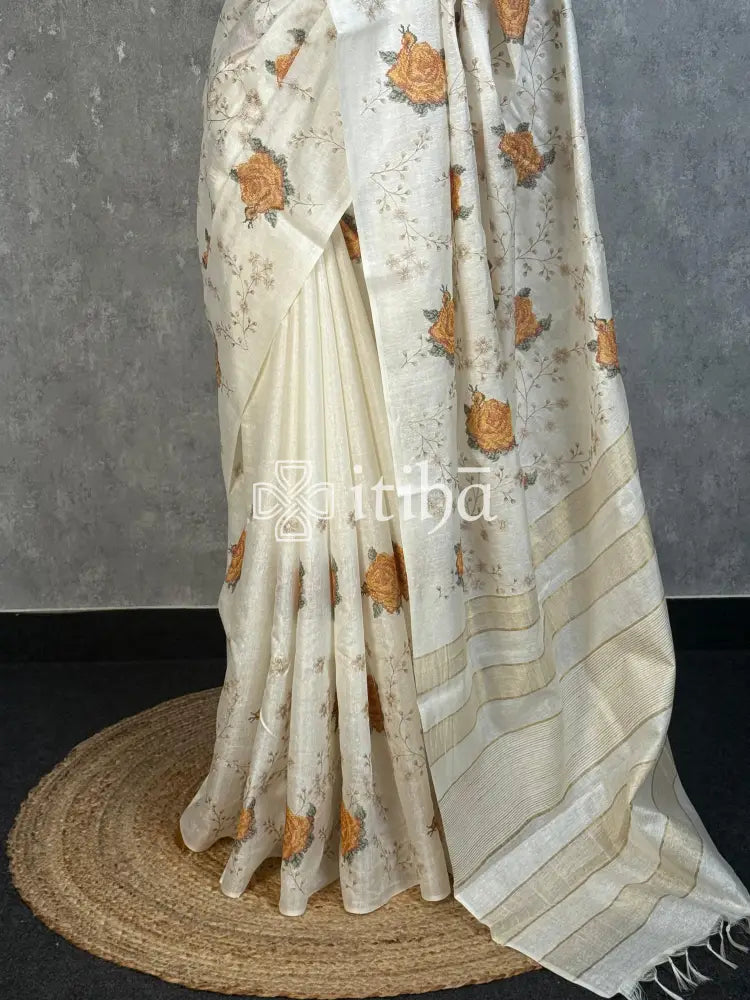 LINEN TUSSAR SILK EMBROIDERY SAREE
