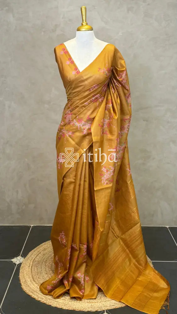 LINEN TUSSAR SILK EMBROIDERY SAREE