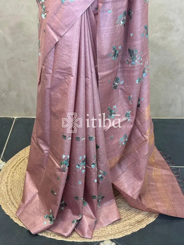 LINEN TUSSAR SILK EMBROIDERY SAREE