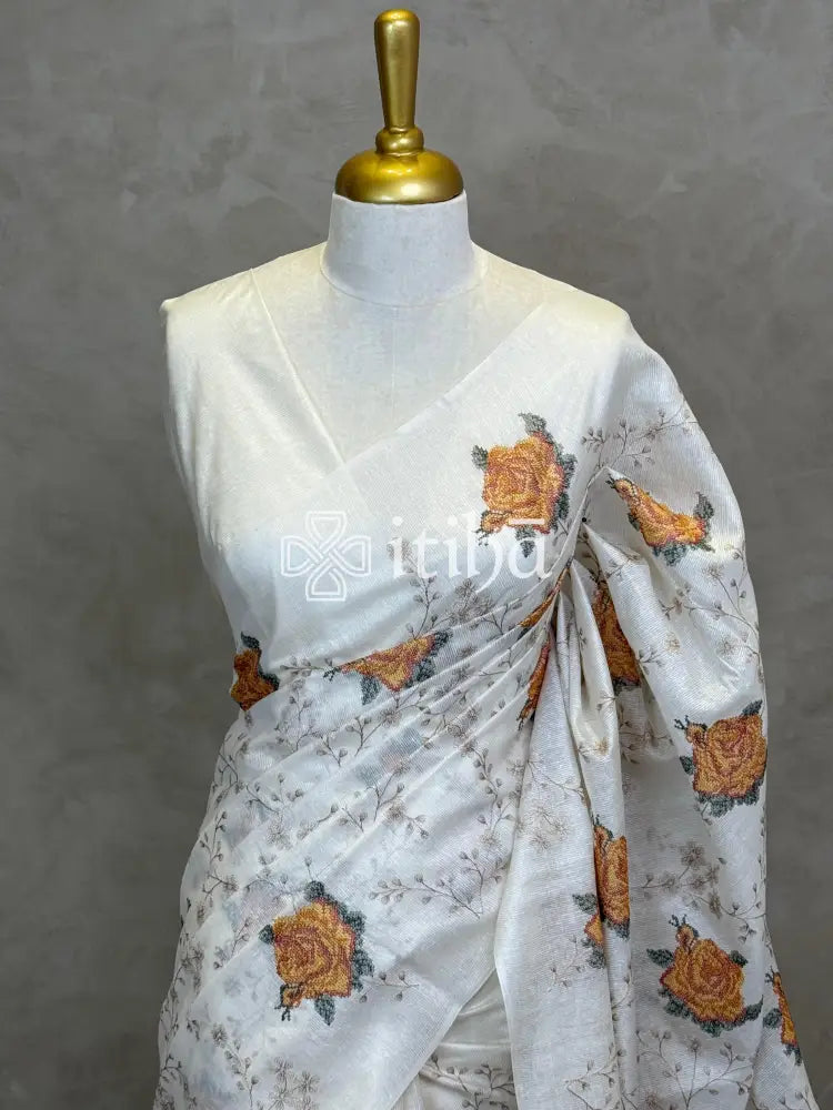 LINEN TUSSAR SILK EMBROIDERY SAREE - OFF WHITE
