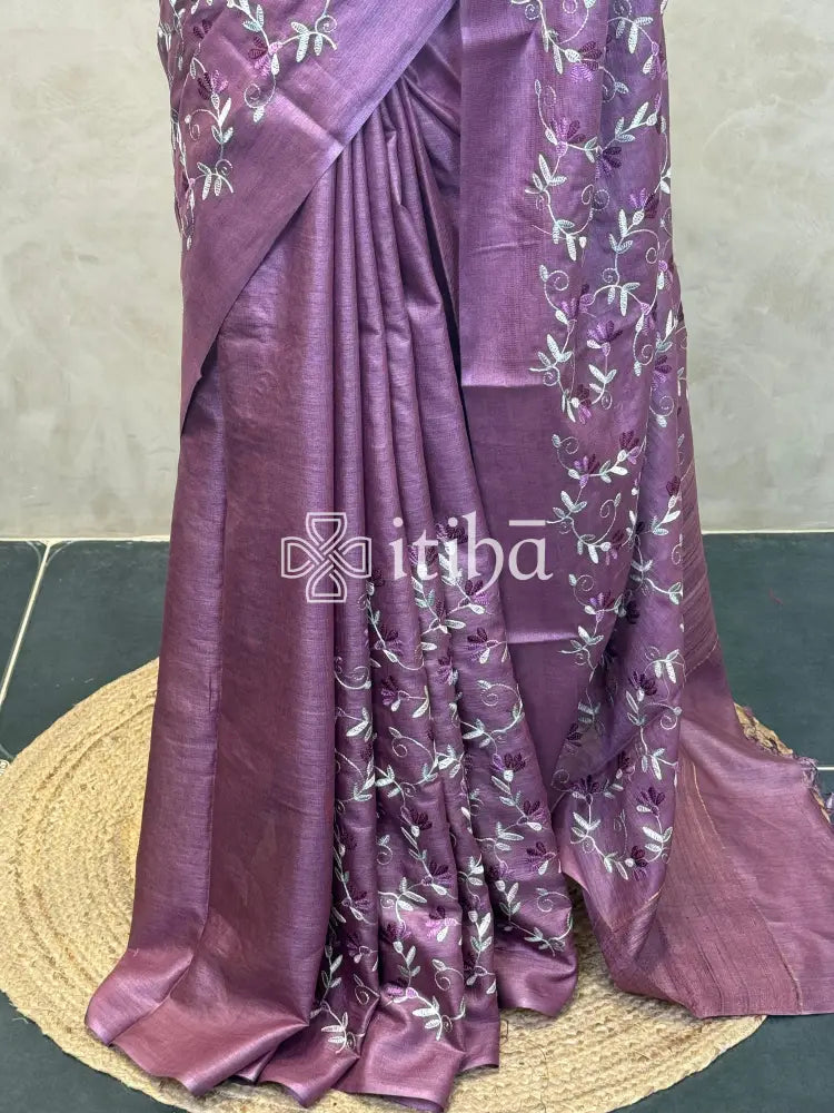 LINEN TUSSAR SILK EMBROIDERY SAREE