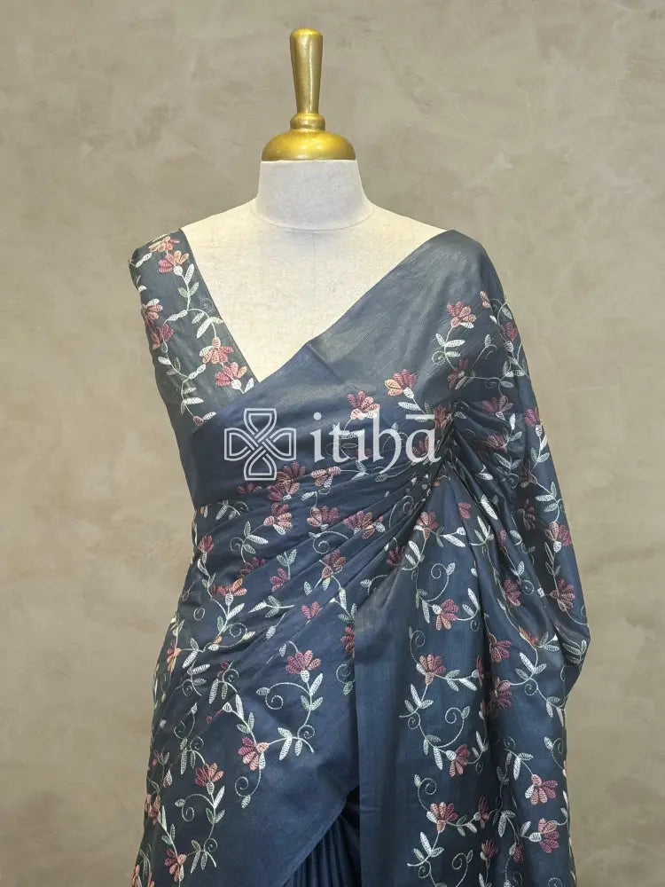 LINEN TUSSAR SILK EMBROIDERY SAREE