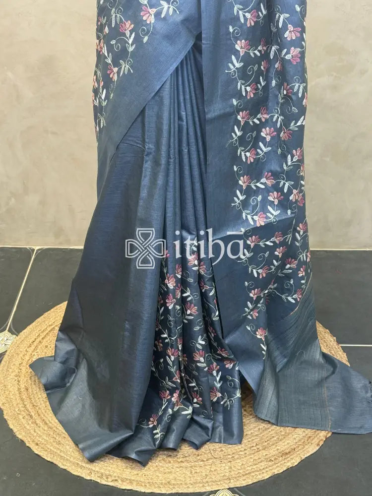 LINEN TUSSAR SILK EMBROIDERY SAREE