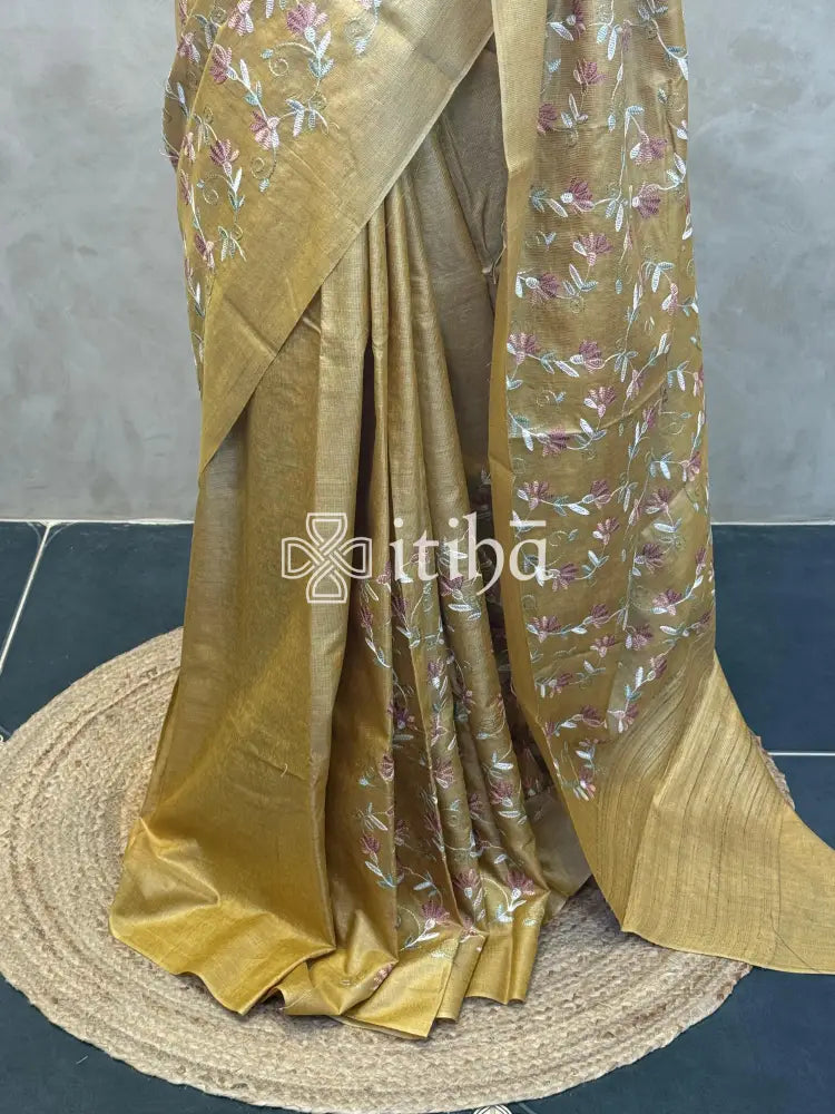 LINEN TUSSAR SILK EMBROIDERY SAREE
