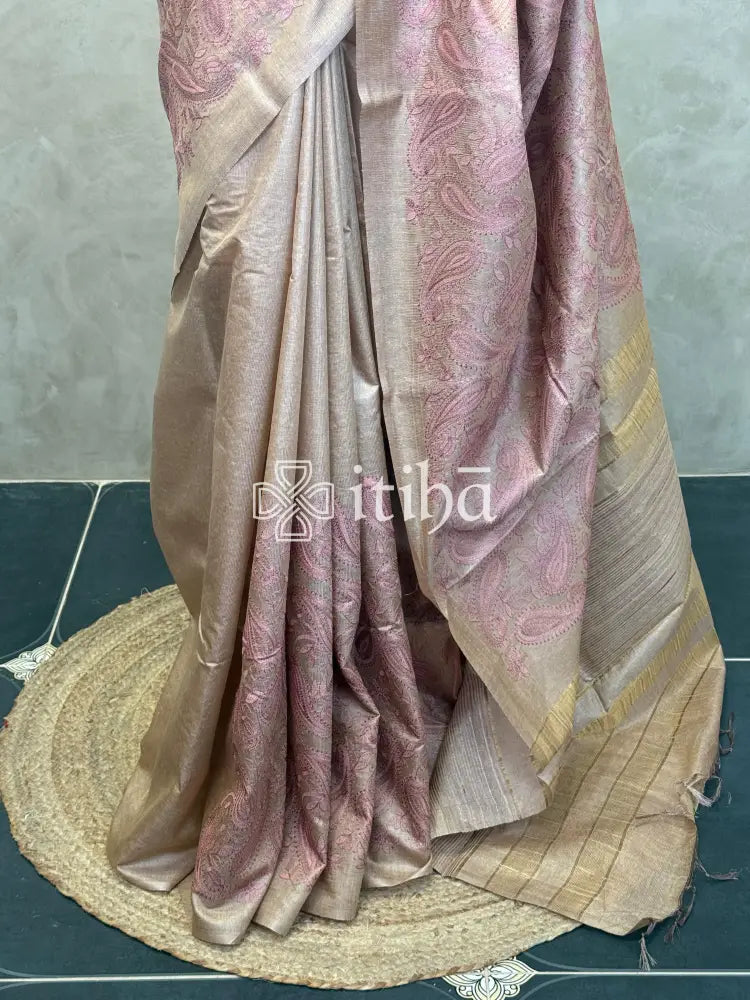 LINEN TUSSAR SILK EMBROIDERY SAREE