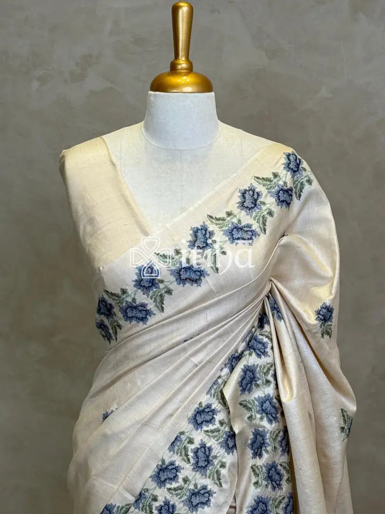 LINEN TUSSAR SILK EMBROIDERY SAREE - DEEP BLUE