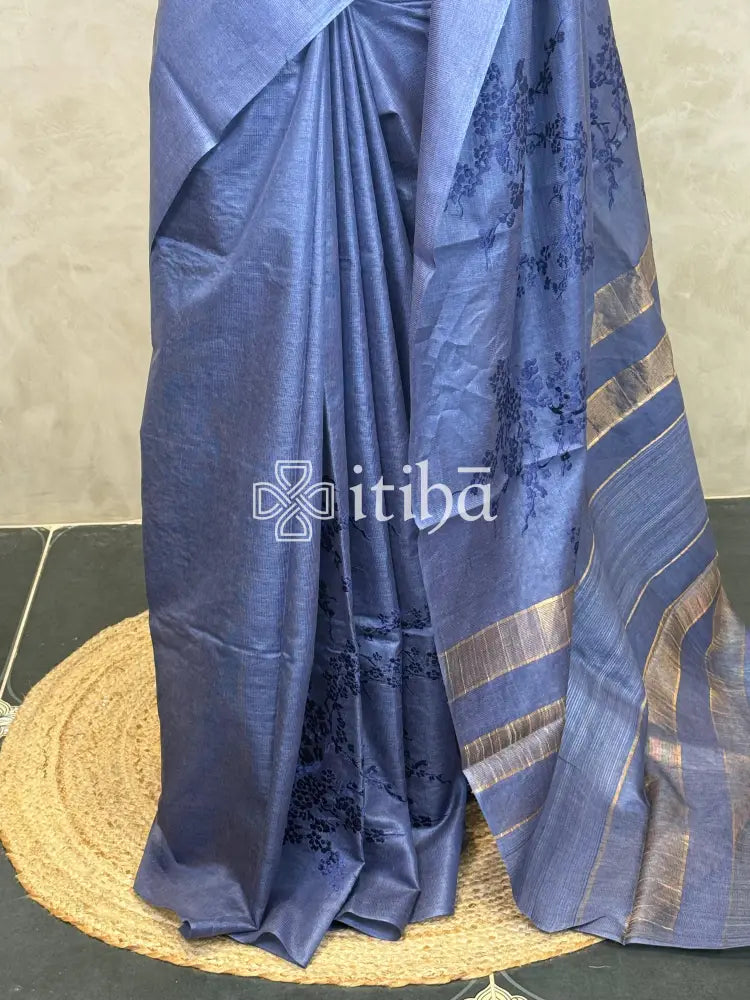 LINEN TUSSAR SILK EMBROIDERY SAREE - DARK BLUE