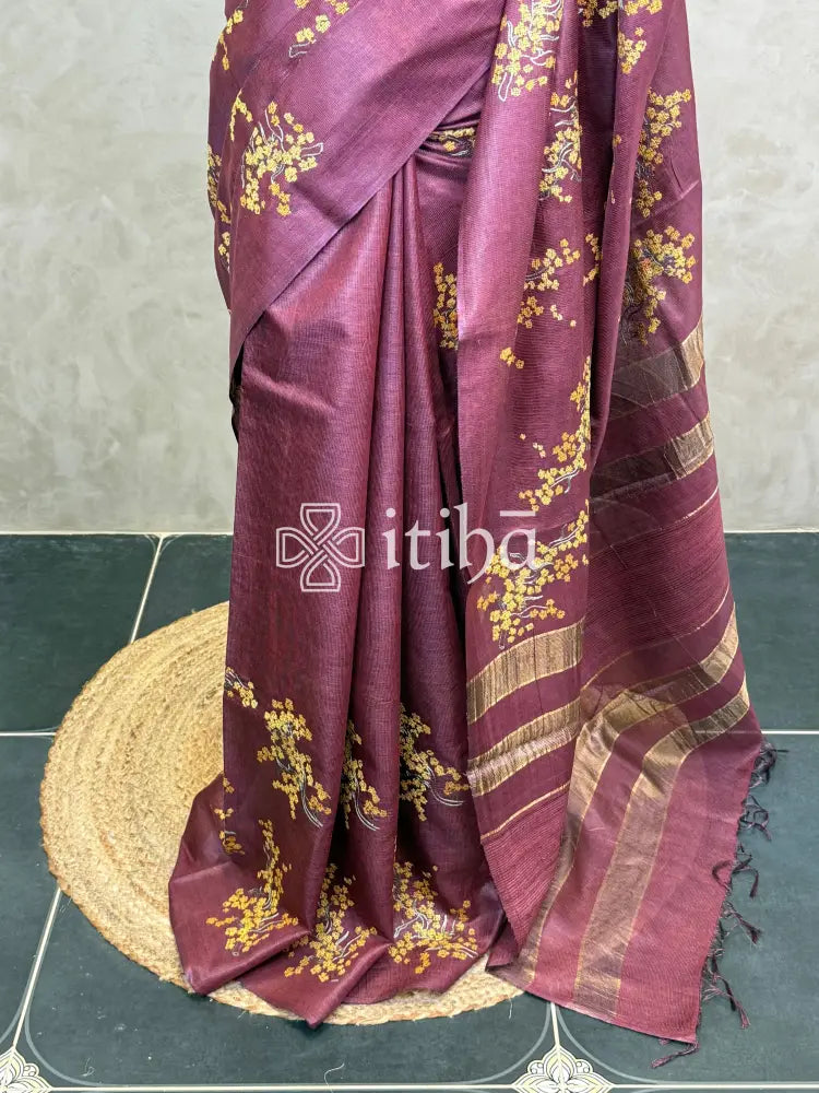 LINEN TUSSAR SILK EMBROIDERY SAREE