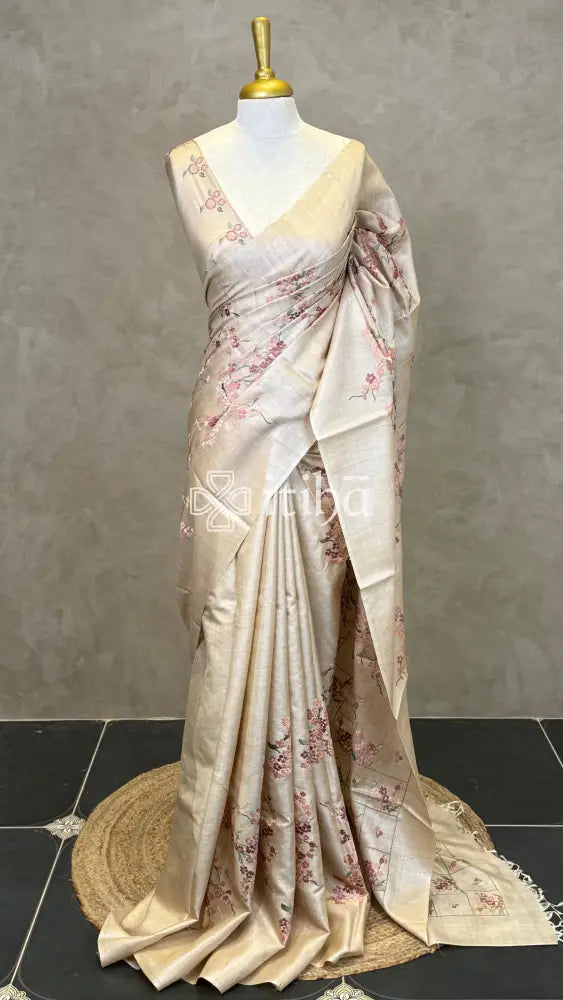 LINEN TUSSAR SILK EMBROIDERY SAREE - Beige