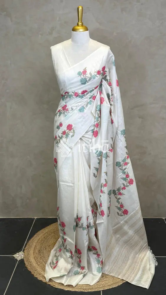 LINEN TUSSAR SILK EMBROIDERY SAREE - Blue