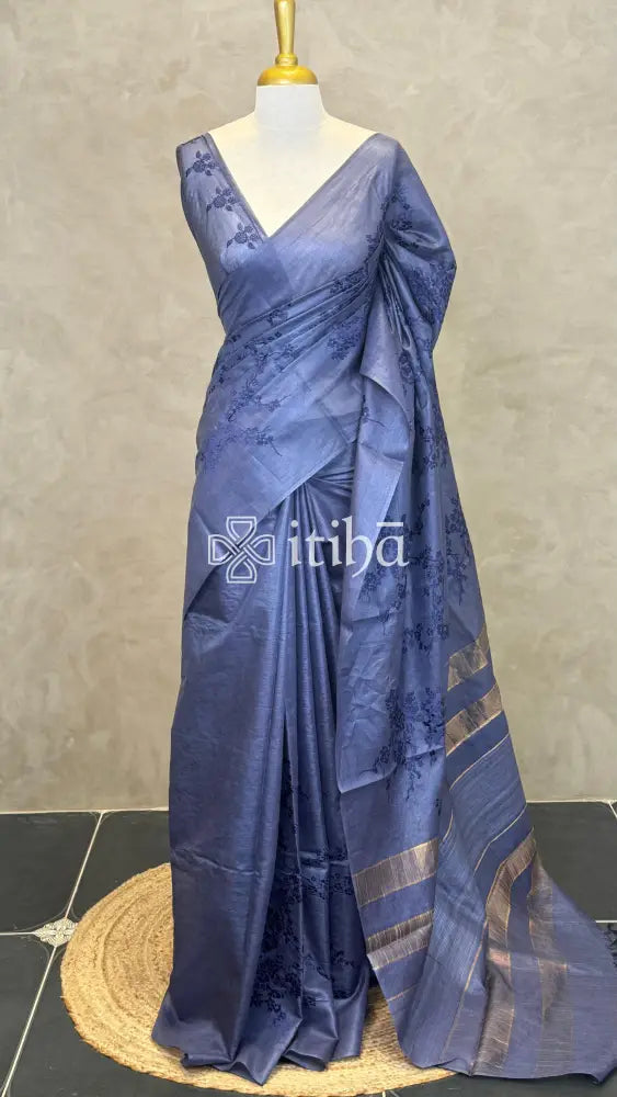 LINEN TUSSAR SILK EMBROIDERY SAREE - DARK BLUE