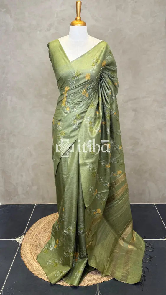 LINEN TUSSAR SILK EMBROIDERY SAREE - DARK OLIVE