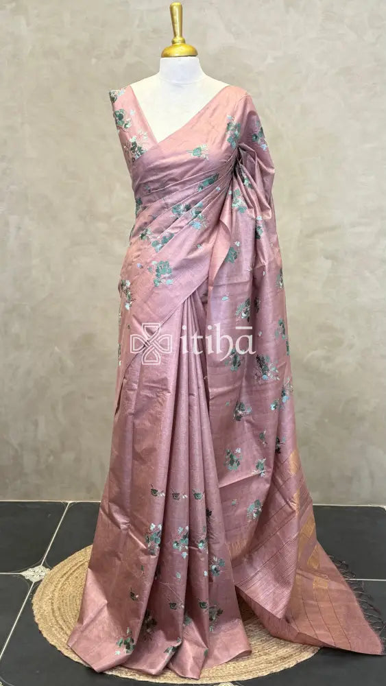 LINEN TUSSAR SILK EMBROIDERY SAREE - dusty mauve