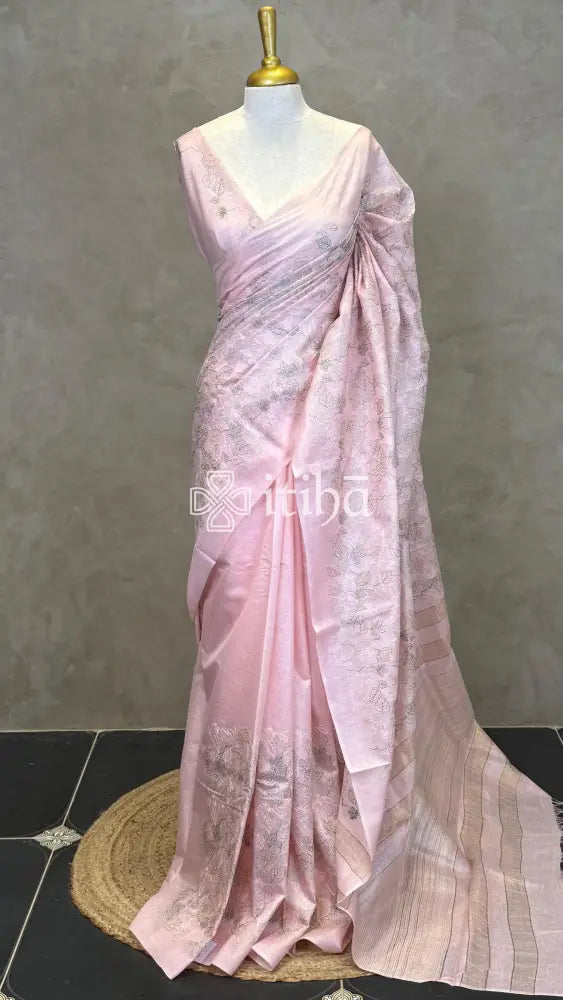 LINEN TUSSAR SILK EMBROIDERY SAREE - LIGHT PINK