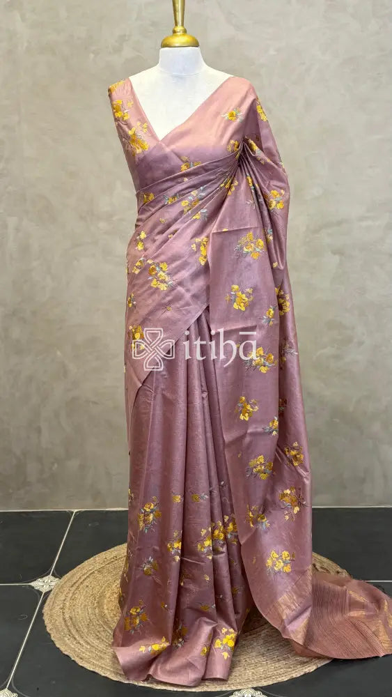 LINEN TUSSAR SILK EMBROIDERY SAREE - MAUVE PINK