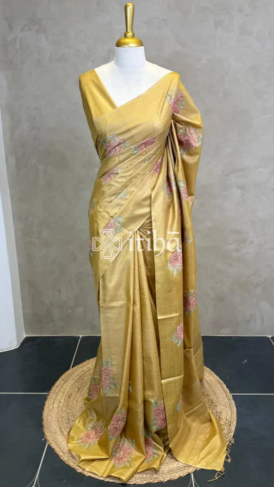 LINEN TUSSAR SILK EMBROIDERY SAREE - MUSTARD GOLD