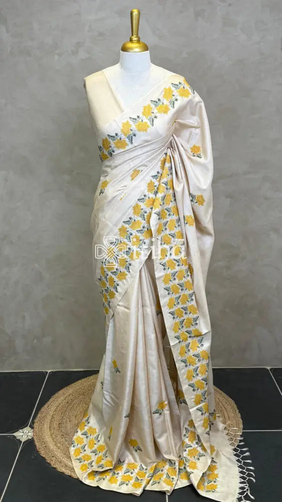 LINEN TUSSAR SILK EMBROIDERY SAREE - mustard yellow