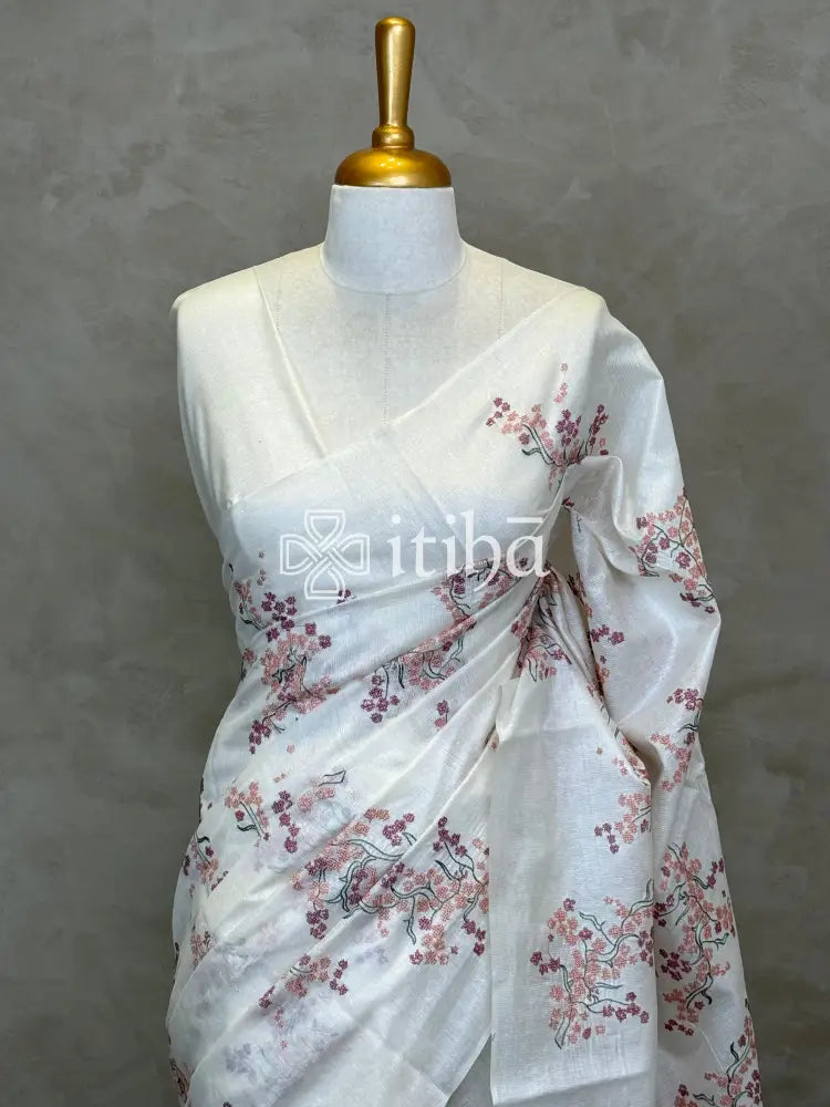 LINEN TUSSAR SILK EMBROIDERY SAREE - OFF WHITE