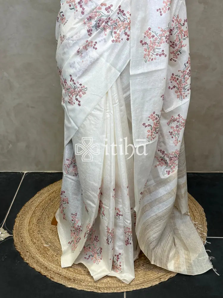 LINEN TUSSAR SILK EMBROIDERY SAREE - OFF WHITE