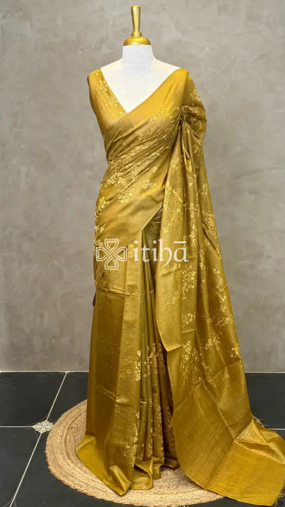 LINEN TUSSAR SILK EMBROIDERY SAREE - OLIVE GOLD